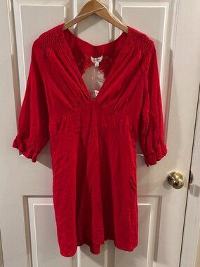 Umgee Women's Red Babydoll Mini V- Neck and Lace Cut Out Dress ~ Small ~ NWT